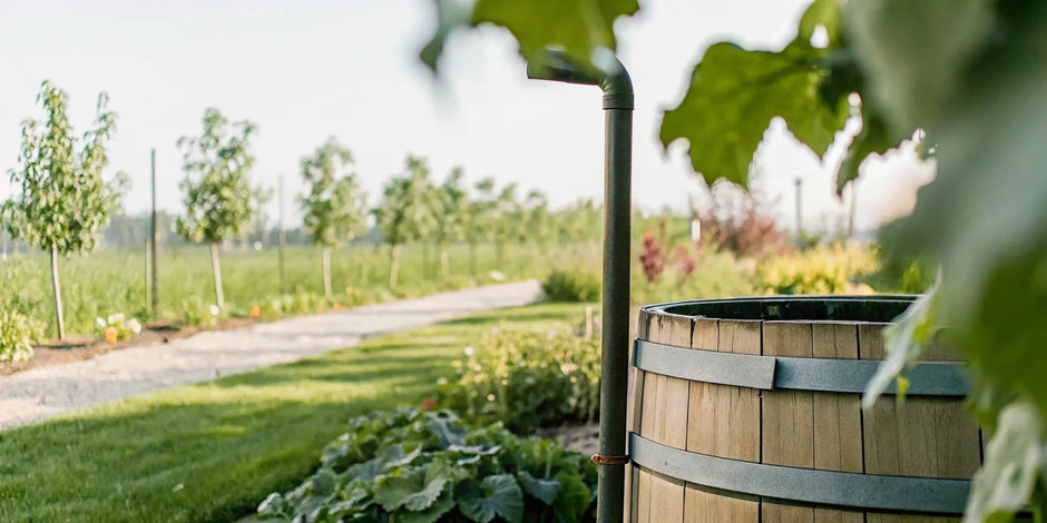 Rain barrel collecting rainwater for garden use