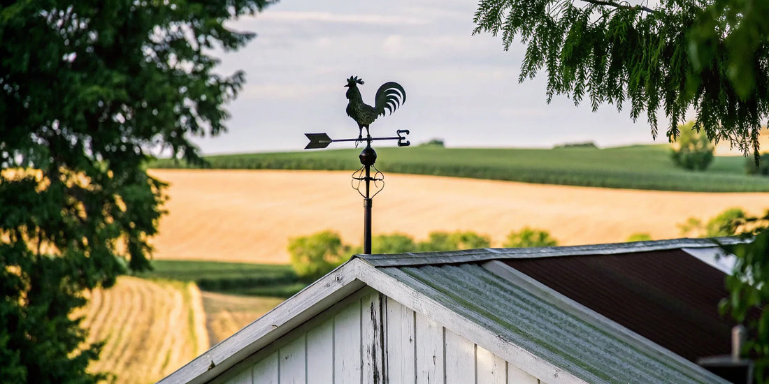 Rooster weathervane atop a roof