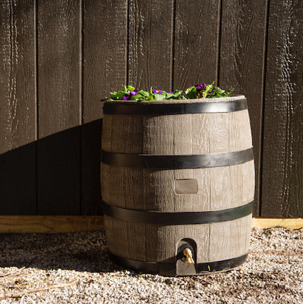 Round Woodgrain Rain Barrel w/ Planter